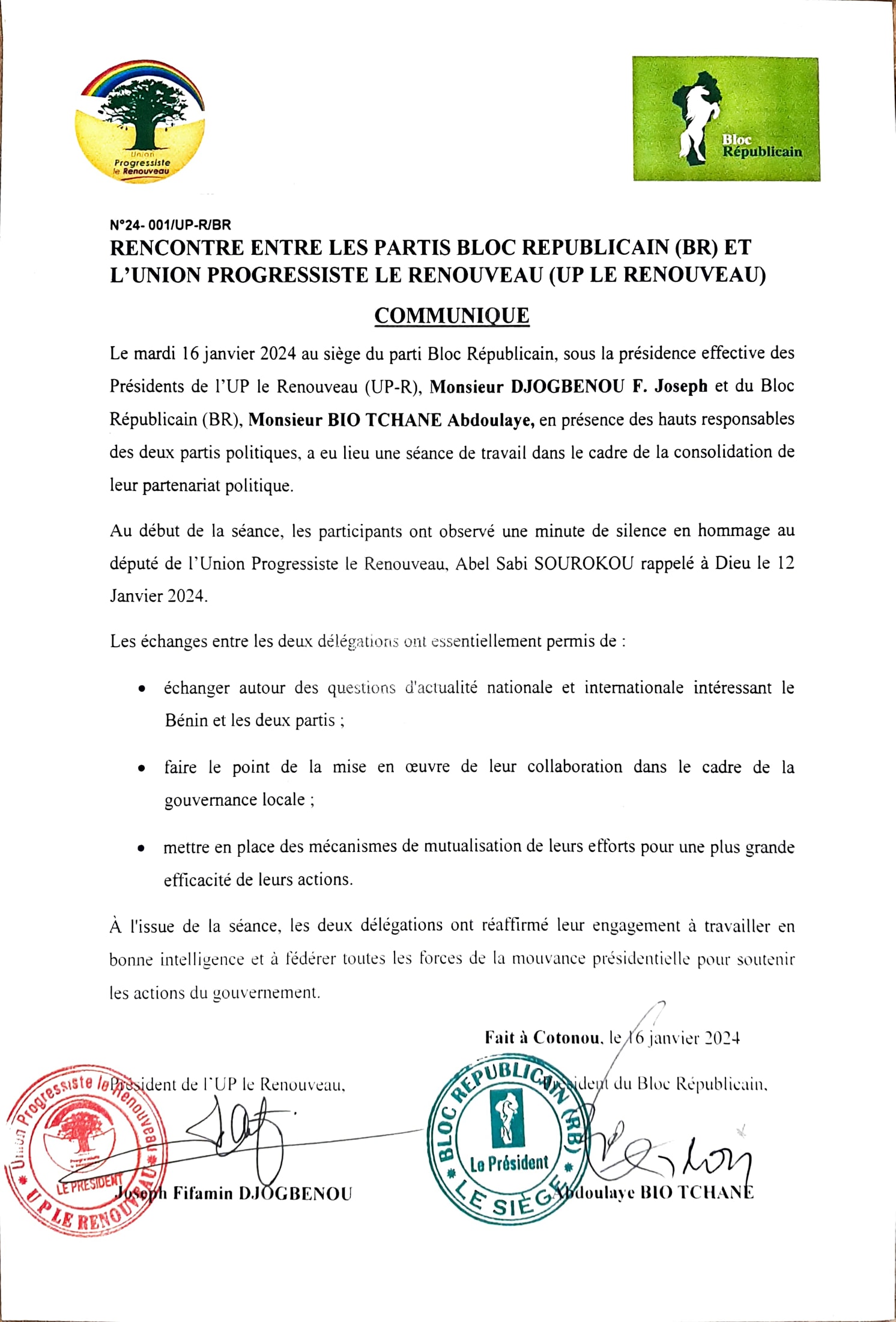 RENCONTRE ENTRE LES PARTIS BLOC REPUBLICAIN (BR) ET UNION PROGRESSISTE