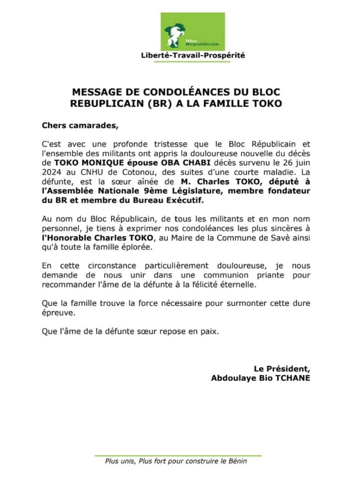 Décès de TOKO Monique épouse OBA CHABI : Message de condoléances du Bloc Républicain.